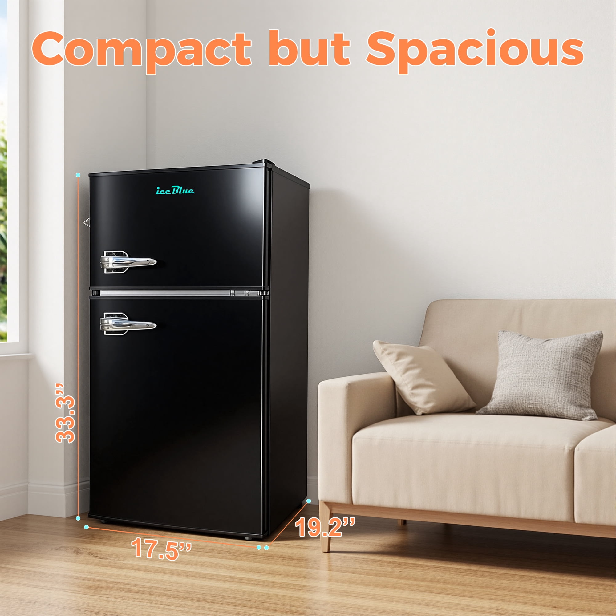 IceBlue 3.2 Cu.ft Retro Mini Fridge with Top Freezer, 2-Door Compact Refrigerator, Adjustable Temperature, with Bottle opener, Removable Glass Shelves, Black - Image 4