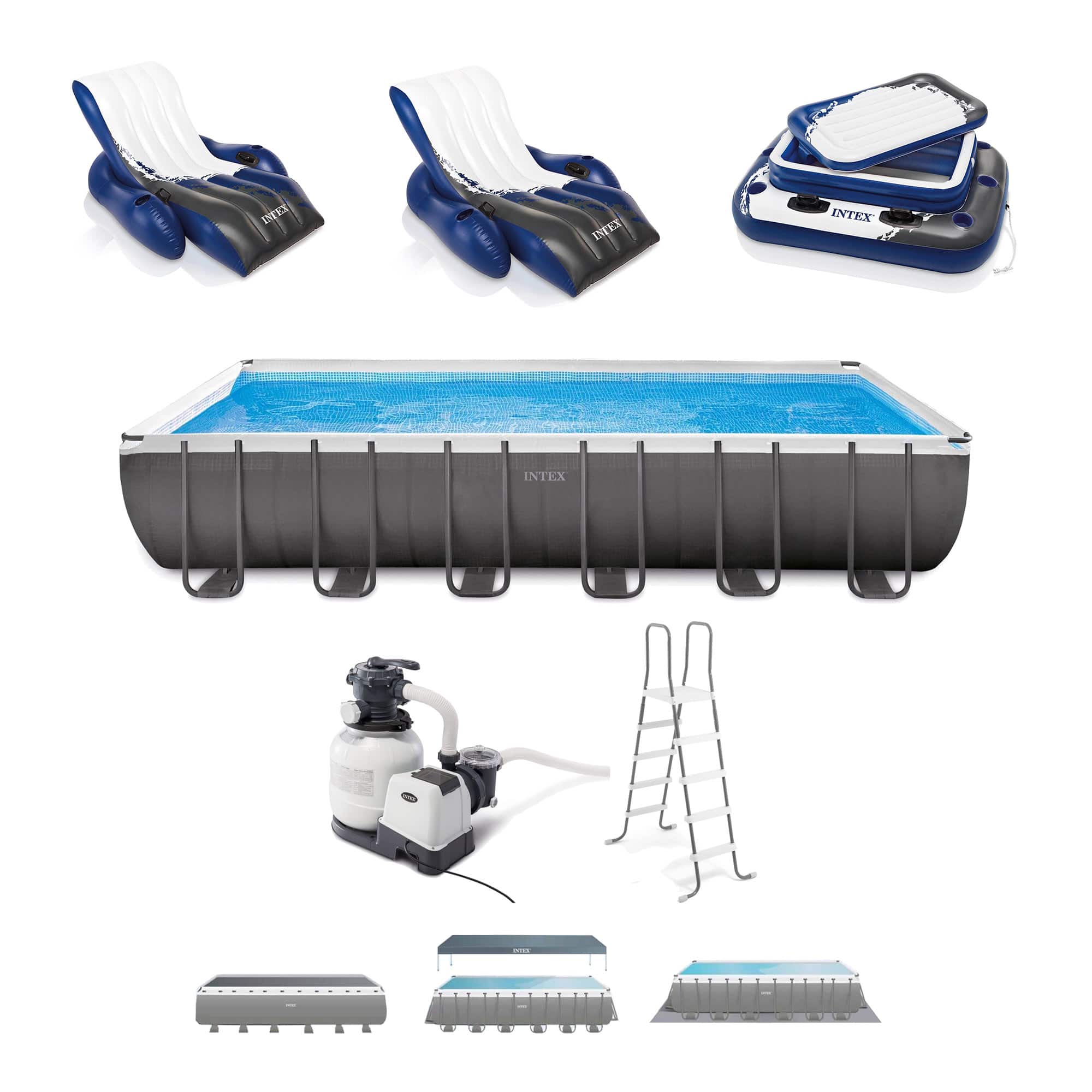 Intex - Ultra XTR Rectangular Pool, Floats (2 Pack) and Cooler - Blue