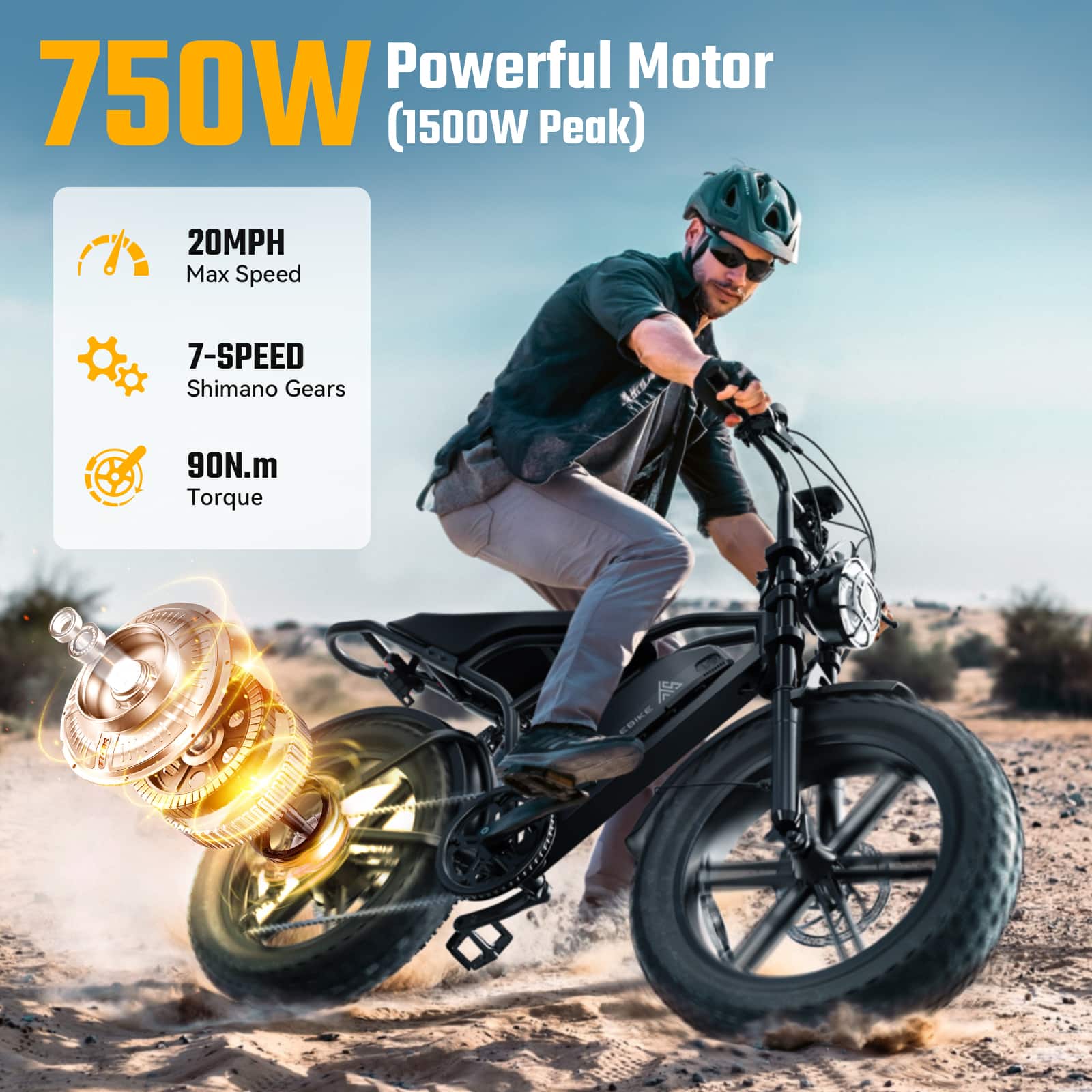 TST GRP - 20" Peak 1500W Full Suspension Moped-style Electric Bike, 48V/15Ah - Black - Image 4