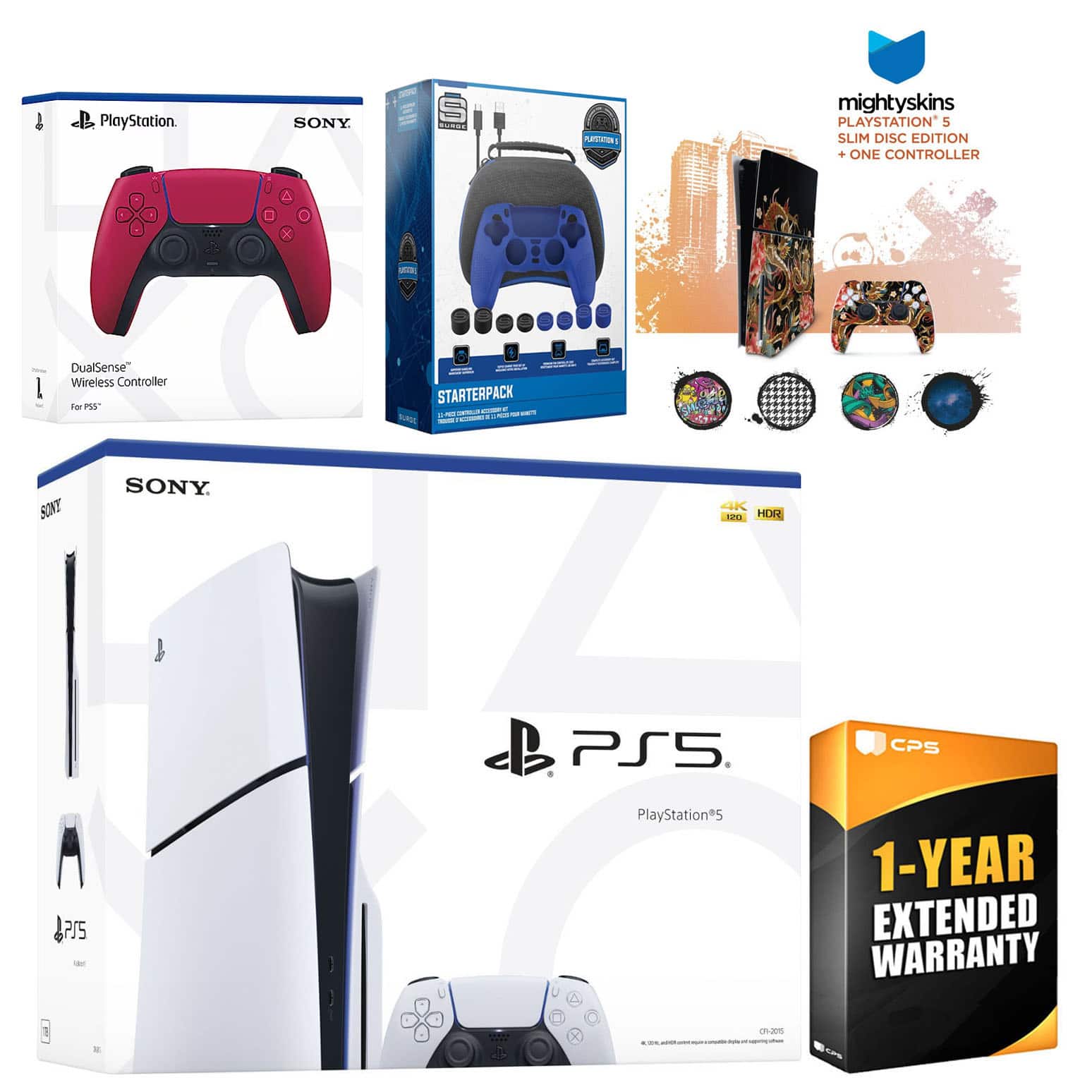 Playstation 5 Slim Disc with Extra Controller, Gamer Starter Kit and MightySkins Decal Voucher + 1 Year - PlayStation 5