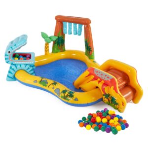 Intex - Inflatable Dinosaur Water Splash Play Center & Plastic Fun Ballz, 100 Pack - Multi-colored